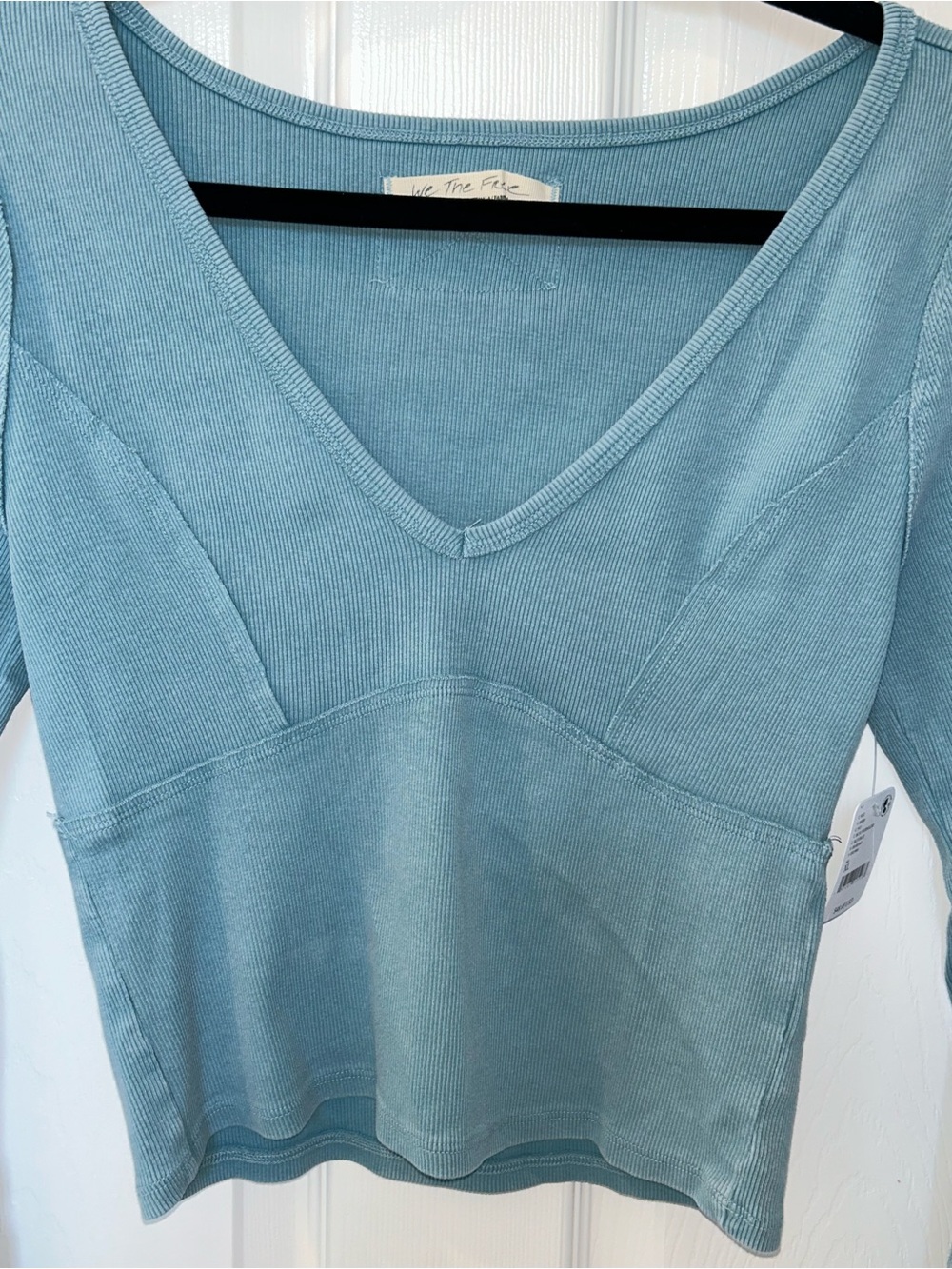 We The Free Dusty Blue Ribbed V-Neck Long Sleeve Top